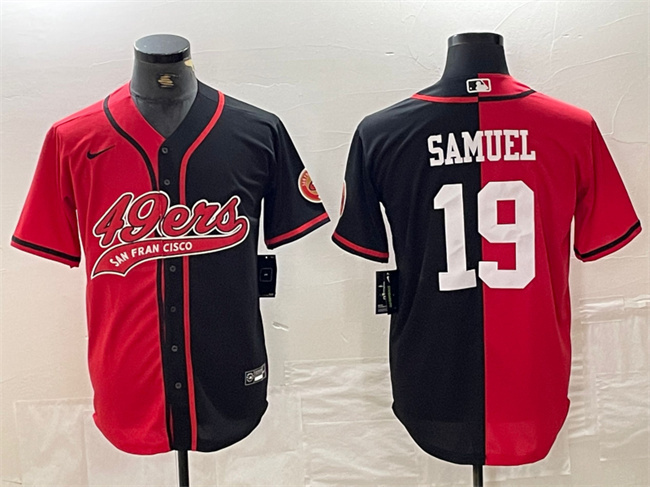 Men's San Francisco 49ers #19 Deebo Samuel Red Black Split With Patch Cool Base Stitched Baseball Jersey Men's San Francisco 49ers #19 Deebo Samuel Red Black Split With Patch Cool Base Stitched Baseball Jersey