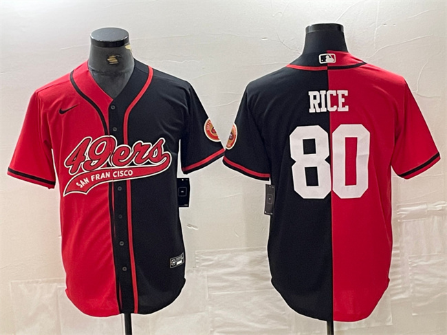 Men's San Francisco 49ers #80 Jerry Rice Red Black Split With Patch Cool Base Stitched Baseball Jersey Men's San Francisco 49ers #80 Jerry Rice Red Black Split With Patch Cool Base Stitched Baseball Jersey
