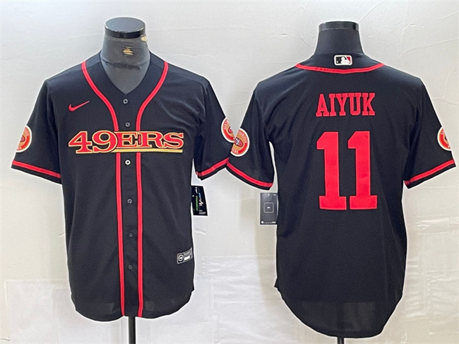 Men's San Francisco 49ers #11 Brandon Aiyuk Black With Patch Cool Base Stitched Baseball Jersey Men's San Francisco 49ers #11 Brandon Aiyuk Black With Patch Cool Base Stitched Baseball Jersey