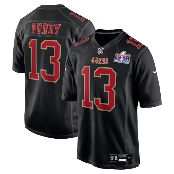 Men's San Francisco 49ers #13 Brock Purdy Black Super Bowl LVIII Patch Carbon Fashion Stitched Game Jersey Men's San Francisco 49ers #13 Brock Purdy Black Super Bowl LVIII Patch Carbon Fashion Stitched Game Jersey