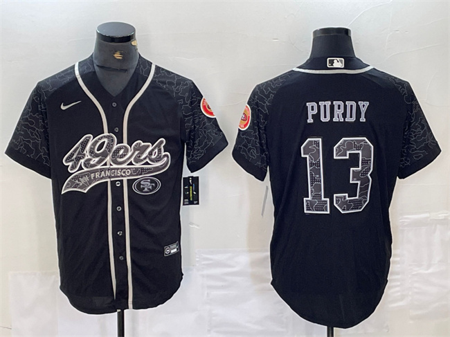 Men's San Francisco 49ers #13 Brock Purdy Black Reflective With Patch Cool Base Stitched Baseball Jersey Men's San Francisco 49ers #13 Brock Purdy Black Reflective With Patch Cool Base Stitched Baseball Jersey