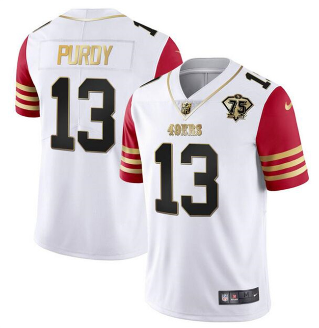 Men's San Francisco 49ers #13 Brock Purdy White Red With 75th Anniversary Patch Stitched Jersey Men's San Francisco 49ers #13 Brock Purdy White Red With 75th Anniversary Patch Stitched Jersey