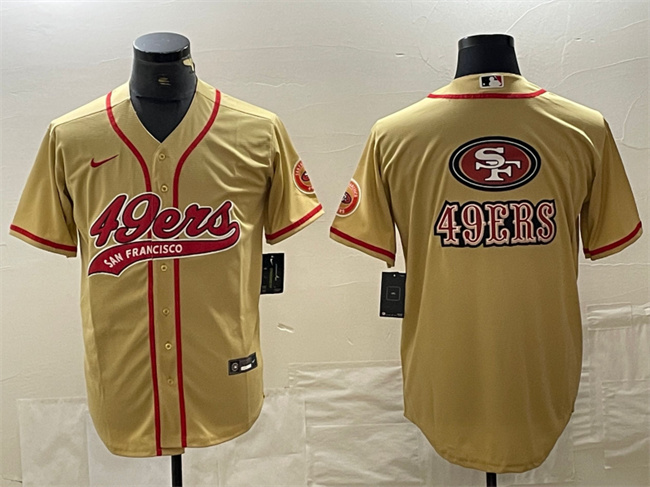 Men's San Francisco 49ers Gold Team Big Logo With Patch Cool Base Stitched Baseball Jersey Men's San Francisco 49ers Gold Team Big Logo With Patch Cool Base Stitched Baseball Jersey