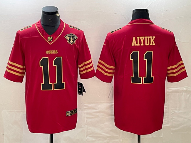 Men's San Francisco 49ers #11 Brandon Aiyuk Red Gold With 75th Anniversary Patch Stitched Jersey Men's San Francisco 49ers #11 Brandon Aiyuk Red Gold With 75th Anniversary Patch Stitched Jersey