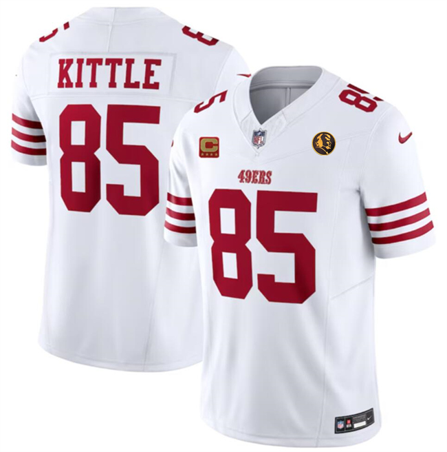 Men's San Francisco 49ers #85 George Kittle White 2023 F.U.S.E. With 4-Star C Patch And John Madden Patch Vapor Limited Stitched Football Jersey Men's San Francisco 49ers #85 George Kittle White 2023 F.U.S.E. With 4-Star C Patch And John Madden Patch Vapor Limited Stitched Football Jersey