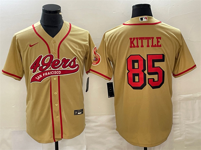 Men's San Francisco 49ers #85 George Kittle New Gold Cool Base Stitched Baseball Jersey Men's San Francisco 49ers #85 George Kittle New Gold Cool Base Stitched Baseball Jersey