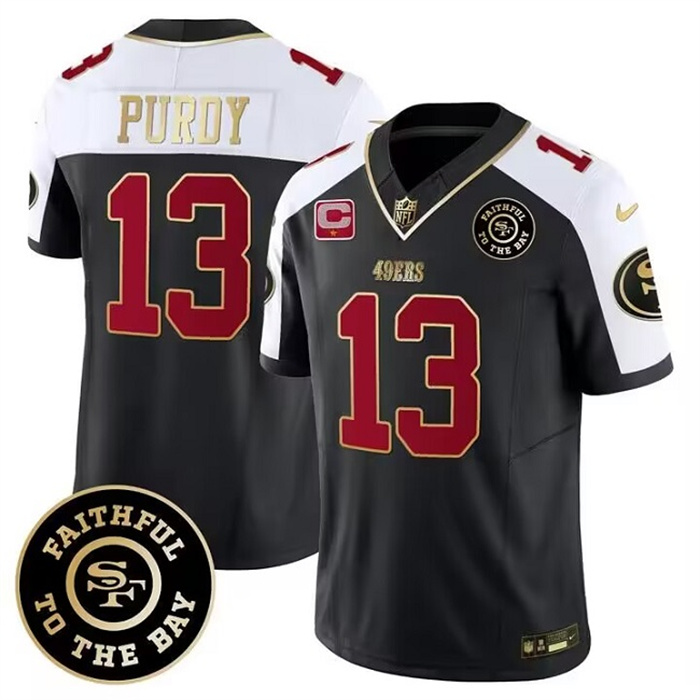 Men's San Francisco 49ers #13 Brock Purdy White Balck 2023 F.U.S.E. With 1-Star C Patch And Faithful To The Bay Patch Stitched Football Jersey Men's San Francisco 49ers #13 Brock Purdy White Balck 2023 F.U.S.E. With 1-Star C Patch And Faithful To The Bay Patch Stitched Football Jersey