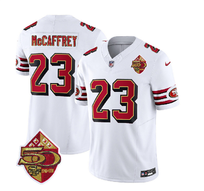 Men's San Francisco 49ers #23 Christian McCaffrey White 2023 F.U.S.E. 50th Patch Vapor Untouchable Limited Stitched Football Jersey Men's San Francisco 49ers #23 Christian McCaffrey White 2023 F.U.S.E. 50th Patch Vapor Untouchable Limited Stitched Football Jersey