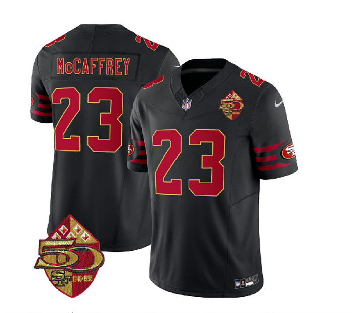 Men's San Francisco 49ers #23 Christian McCaffrey Black 2023 F.U.S.E. 50th Patch Throwback Stitched Football Jersey Men's San Francisco 49ers #23 Christian McCaffrey Black 2023 F.U.S.E. 50th Patch Throwback Stitched Football Jersey