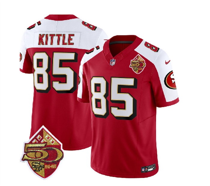 Men's San Francisco 49ers #85 George Kittle Red White 2023 F.U.S.E. 50th Patch Throwback Stitched Football Jersey Men's San Francisco 49ers #85 George Kittle Red White 2023 F.U.S.E. 50th Patch Throwback Stitched Football Jersey