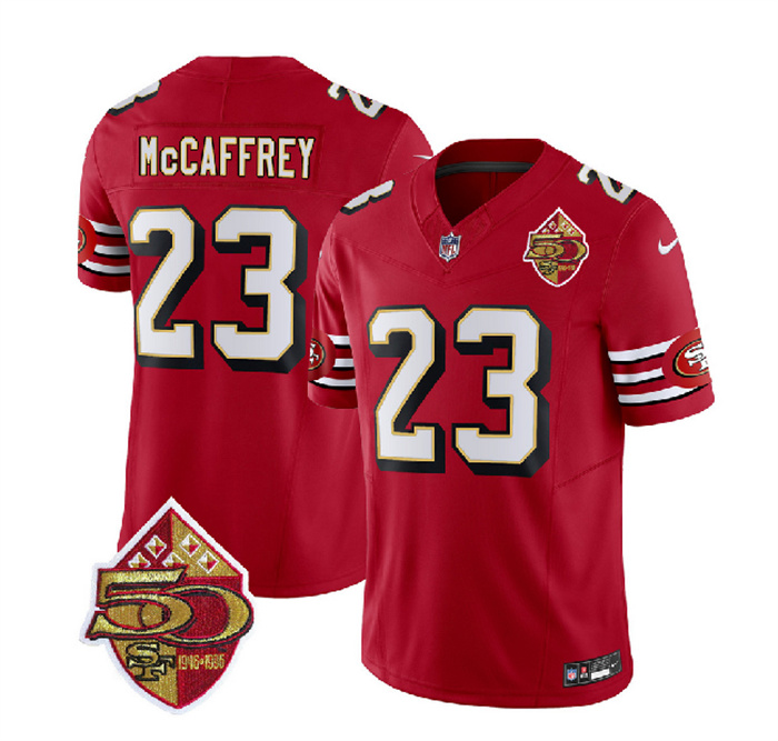 Men's San Francisco 49ers #23 Christian McCaffrey Red 2023 F.U.S.E. 50th Patch Throwback Stitched Football Jersey Men's San Francisco 49ers #23 Christian McCaffrey Red 2023 F.U.S.E. 50th Patch Throwback Stitched Football Jersey