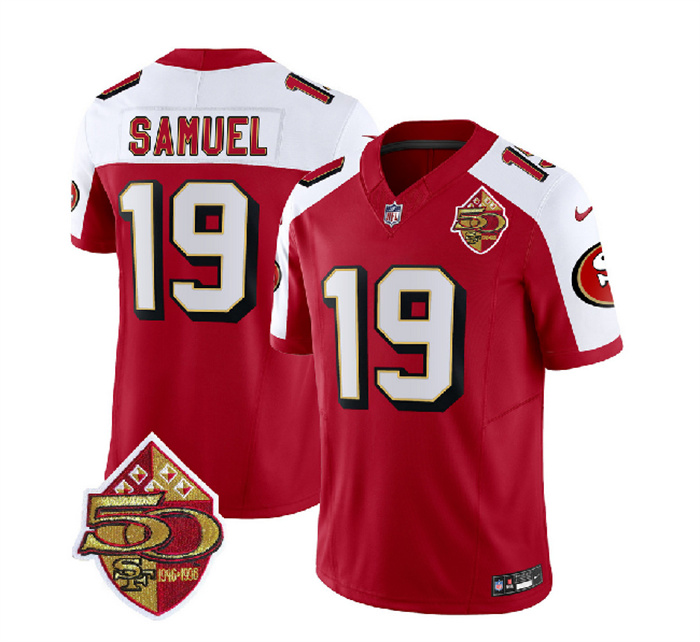 Men's San Francisco 49ers #19 Deebo Samuel Red White 2023 F.U.S.E. 50th Patch Throwback Stitched Football Jersey Men's San Francisco 49ers #19 Deebo Samuel Red White 2023 F.U.S.E. 50th Patch Throwback Stitched Football Jersey