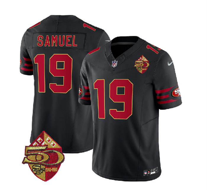 Men's San Francisco 49ers #19 Deebo Samuel Black 2023 F.U.S.E. 50th Patch Vapor Limited Stitched Football Jersey Men's San Francisco 49ers #19 Deebo Samuel Black 2023 F.U.S.E. 50th Patch Vapor Limited Stitched Football Jersey