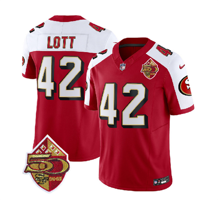 Men's San Francisco 49ers #42 Ronnie Lott Red White 2023 F.U.S.E. 50th Patch Throwback Stitched Football Jersey Men's San Francisco 49ers #42 Ronnie Lott Red White 2023 F.U.S.E. 50th Patch Throwback Stitched Football Jersey