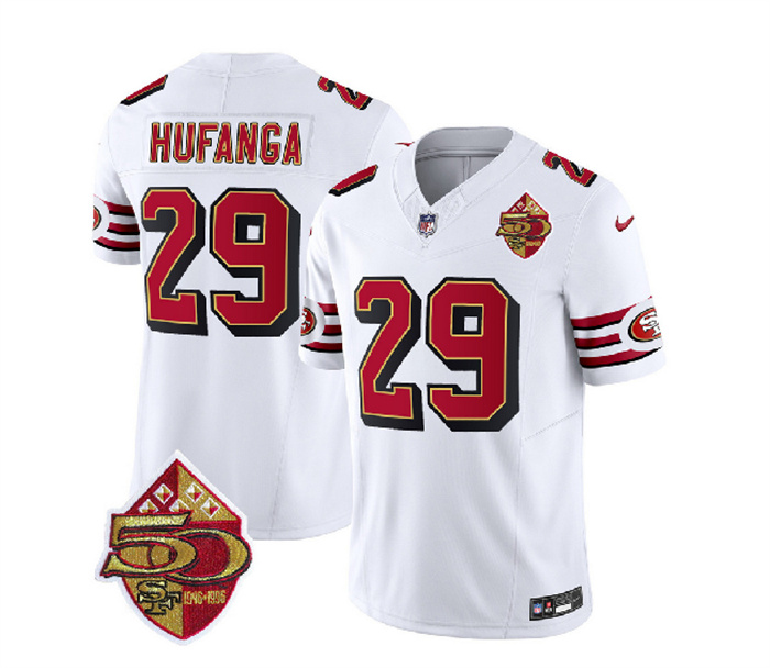 Men's San Francisco 49ers #29 Talanoa Hufanga White 2023 F.U.S.E. 50th Patch Throwback Stitched Football Jersey Men's San Francisco 49ers #29 Talanoa Hufanga White 2023 F.U.S.E. 50th Patch Throwback Stitched Football Jersey