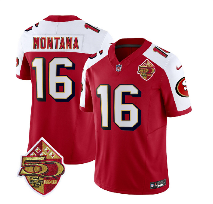 Men's San Francisco 49ers #16 Joe Montana Red White 2023 F.U.S.E. 50th Patch Throwback Stitched Football Jersey Men's San Francisco 49ers #16 Joe Montana Red White 2023 F.U.S.E. 50th Patch Throwback Stitched Football Jersey