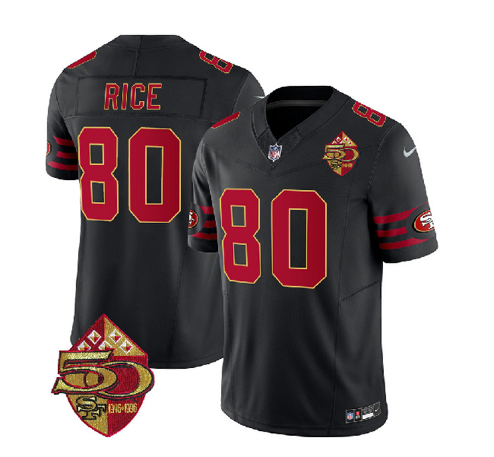 Men's San Francisco 49ers #80 Jerry Rice Black 2023 F.U.S.E. 50th Patch Vapor Limited Stitched Football Jersey Men's San Francisco 49ers #80 Jerry Rice Black 2023 F.U.S.E. 50th Patch Vapor Limited Stitched Football Jersey