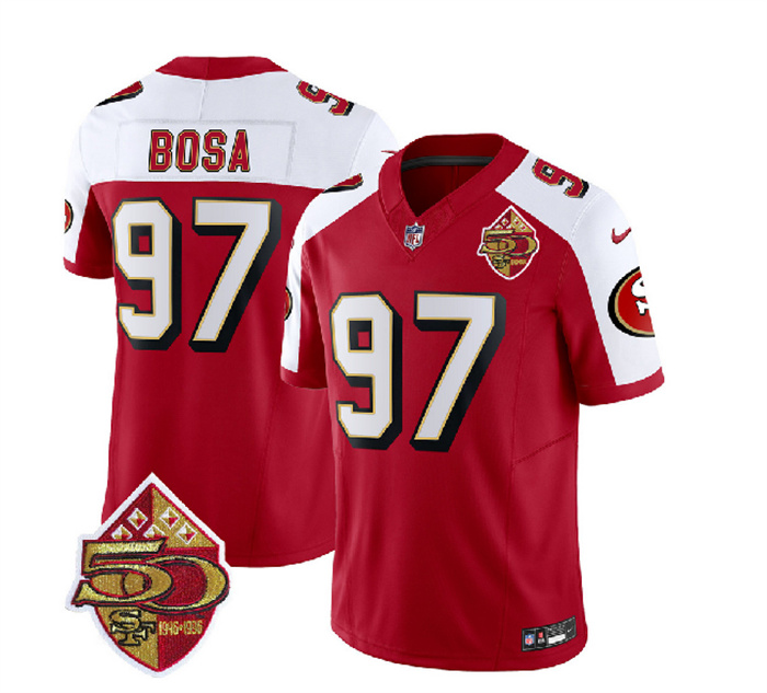 Men's San Francisco 49ers #97 Nick Bosa Red White 2023 F.U.S.E. 50th Patch Throwback Stitched Football Jersey Men's San Francisco 49ers #97 Nick Bosa Red White 2023 F.U.S.E. 50th Patch Throwback Stitched Football Jersey