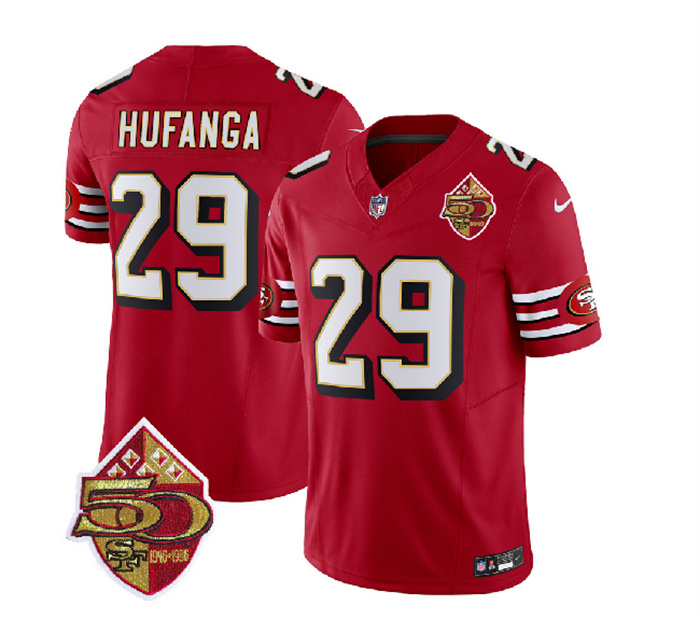 Men's San Francisco 49ers #29 Talanoa Hufanga Red 2023 F.U.S.E. 50th Patch Throwback Stitched Football Jersey Men's San Francisco 49ers #29 Talanoa Hufanga Red 2023 F.U.S.E. 50th Patch Throwback Stitched Football Jersey
