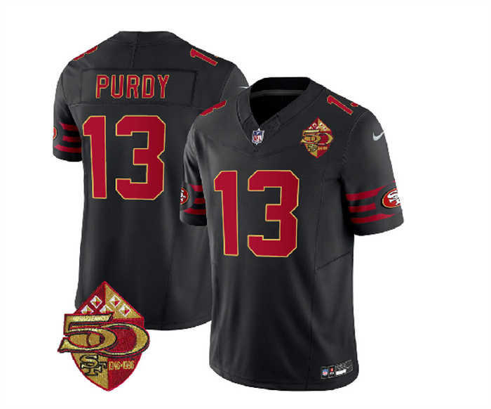 Men's San Francisco 49ers #13 Brock Purdy Black 2023 F.U.S.E. 50th Patch Throwback Stitched Football Jersey Men's San Francisco 49ers #13 Brock Purdy Black 2023 F.U.S.E. 50th Patch Throwback Stitched Football Jersey