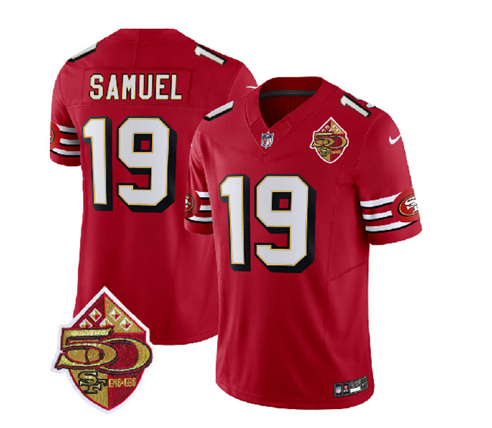 Men's San Francisco 49ers #19 Deebo Samuel Red 2023 F.U.S.E. 50th Patch Throwback Stitched Football Jersey Men's San Francisco 49ers #19 Deebo Samuel Red 2023 F.U.S.E. 50th Patch Throwback Stitched Football Jersey
