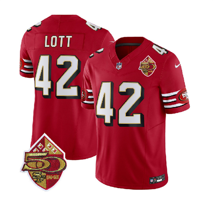 Men's San Francisco 49ers #42 Ronnie Lott Red 2023 F.U.S.E. 50th Patch Throwback Stitched Football Jersey Men's San Francisco 49ers #42 Ronnie Lott Red 2023 F.U.S.E. 50th Patch Throwback Stitched Football Jersey