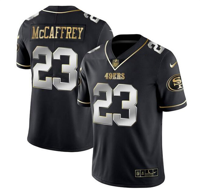 Men's San Francisco 49ers #23 Christian McCaffrey Black Gold Stitched Jersey Men's San Francisco 49ers #23 Christian McCaffrey Black Gold Stitched Jersey