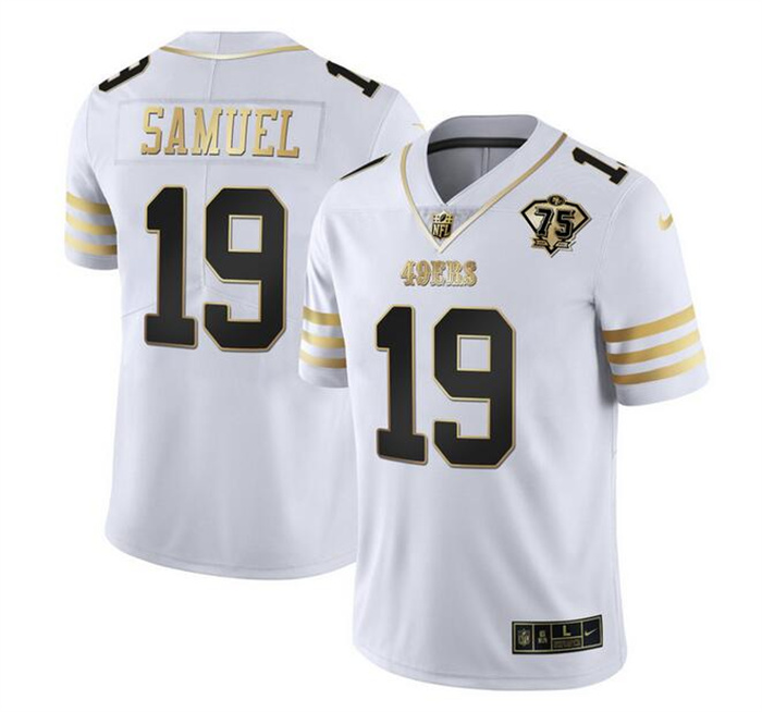 Men's San Francisco 49ers #19 Deebo Samuel White Gold With 75th Patch Stitched Jersey Men's San Francisco 49ers #19 Deebo Samuel White Gold With 75th Patch Stitched Jersey