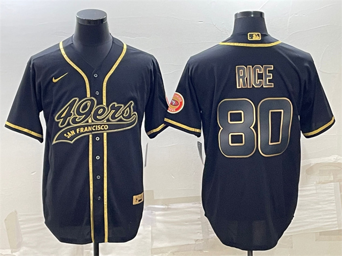 Men's San Francisco 49ers #80 Jerry Rice Black Gold With Patch Cool Base Stitched Baseball Jersey Men's San Francisco 49ers #80 Jerry Rice Black Gold With Patch Cool Base Stitched Baseball Jersey