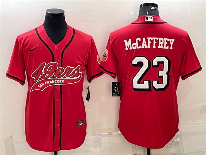 Men's San Francisco 49ers #23 Christian McCaffrey New Red With Patch Cool Base Stitched Baseball Jersey Men's San Francisco 49ers #23 Christian McCaffrey New Red With Patch Cool Base Stitched Baseball Jersey