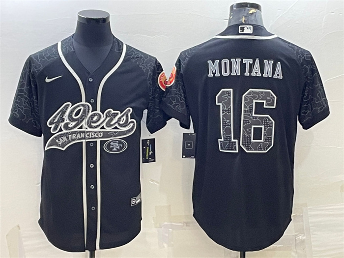 Men's San Francisco 49ers #16 Joe Montana Black Reflective With Patch Cool Base Stitched Baseball Jersey Men's San Francisco 49ers #16 Joe Montana Black Reflective With Patch Cool Base Stitched Baseball Jersey
