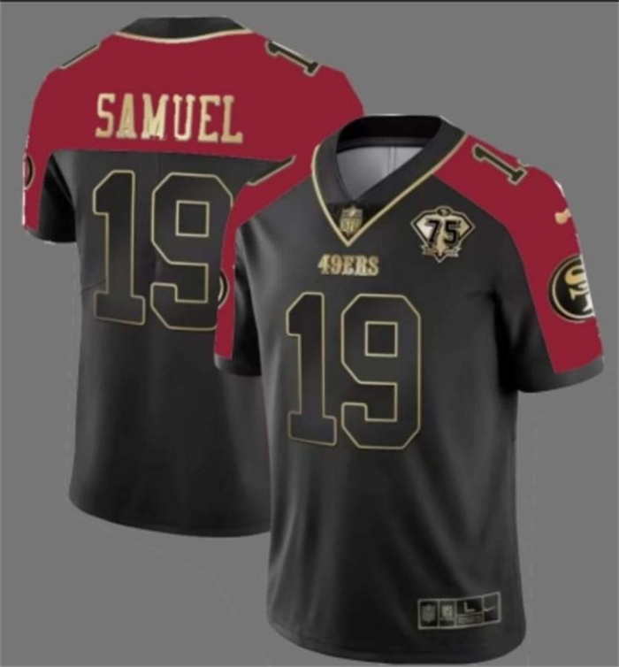 Men's San Francisco 49ers #19 Deebo Samuel Balck Red With 75th Anniversary Patch Stitched Football Jersey Men's San Francisco 49ers #19 Deebo Samuel Balck Red With 75th Anniversary Patch Stitched Football Jersey