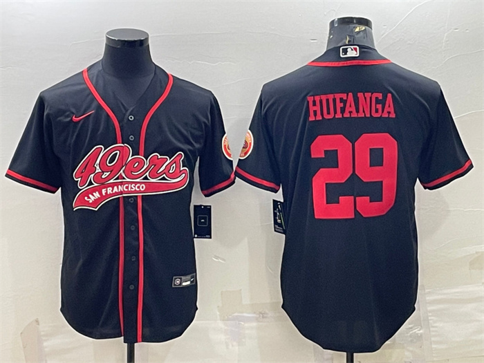 Men's San Francisco 49ers #29 Talanoa Hufanga Black With Patch Cool Base Stitched Baseball Jersey Men's San Francisco 49ers #29 Talanoa Hufanga Black With Patch Cool Base Stitched Baseball Jersey