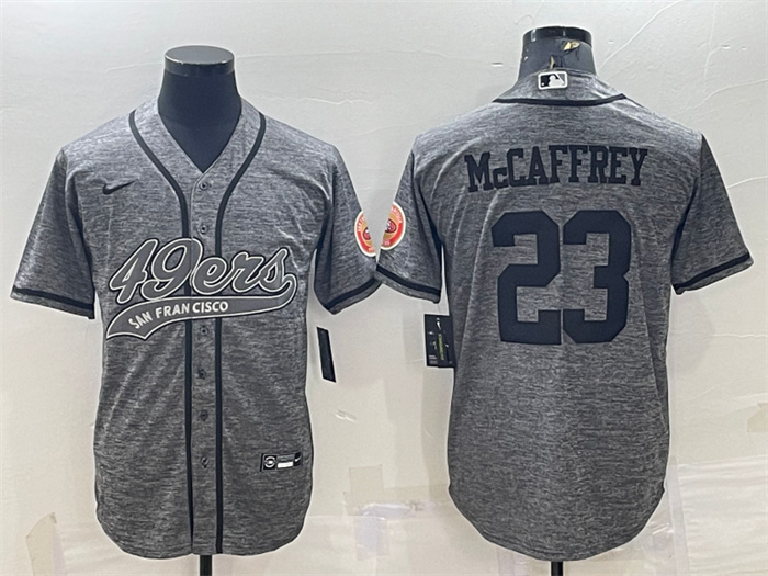 Men's San Francisco 49ers #23 Christian McCaffrey Grey With Patch Cool Base Stitched Baseball Jersey Men's San Francisco 49ers #23 Christian McCaffrey Grey With Patch Cool Base Stitched Baseball Jersey