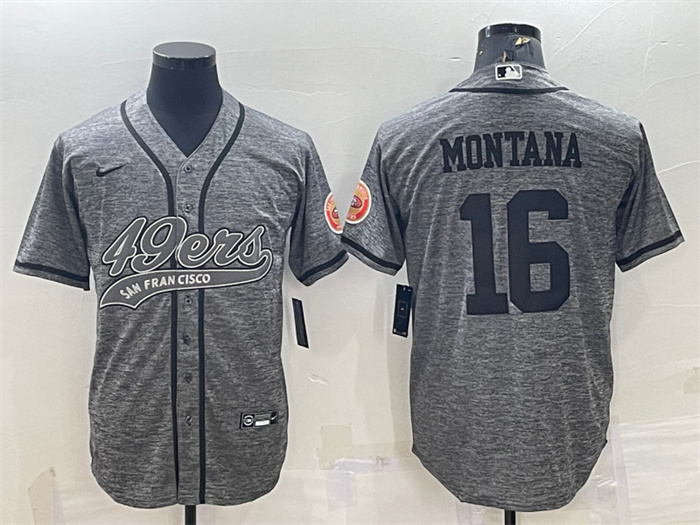 Men's San Francisco 49ers #16 Joe Montana Grey With Patch Cool Base Stitched Baseball Jersey Men's San Francisco 49ers #16 Joe Montana Grey With Patch Cool Base Stitched Baseball Jersey