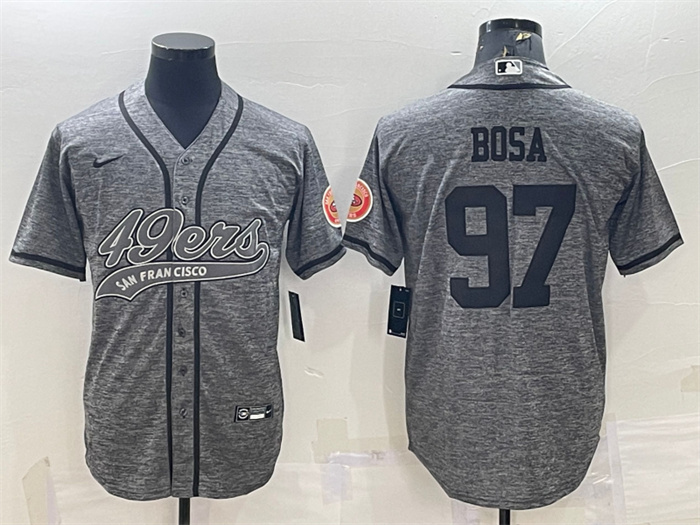 Men's San Francisco 49ers #97 Nick Bosa Grey With Patch Cool Base Stitched Baseball Jersey Men's San Francisco 49ers #97 Nick Bosa Grey With Patch Cool Base Stitched Baseball Jersey
