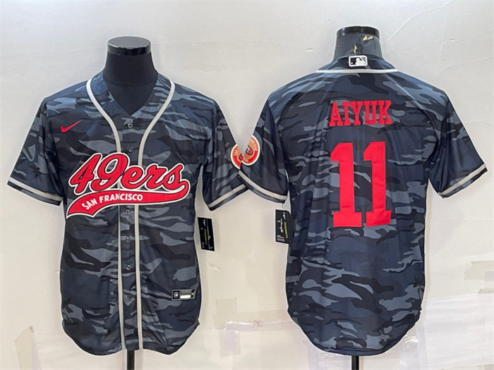 Men's San Francisco 49ers #11 Brandon Aiyuk Grey Red Camo With Patch Cool Base Stitched Baseball Jersey Men's San Francisco 49ers #11 Brandon Aiyuk Grey Red Camo With Patch Cool Base Stitched Baseball Jersey