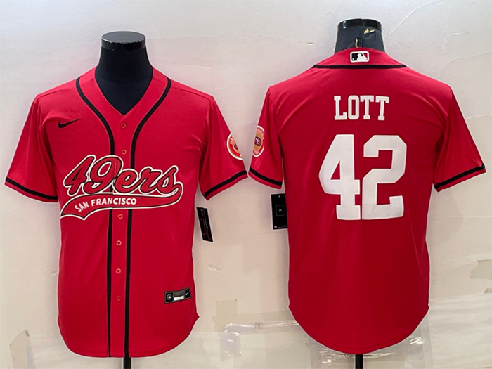 Men's San Francisco 49ers #42 Ronnie Lott Red With Patch Cool Base Stitched Baseball JerseyS Men's San Francisco 49ers #42 Ronnie Lott Red With Patch Cool Base Stitched Baseball JerseyS