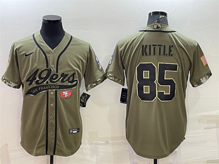 Men's San Francisco 49ers #85 George Kittle 2022 Olive Salute To Service Cool Base Stitched Baseball Jersey Men's San Francisco 49ers #85 George Kittle 2022 Olive Salute To Service Cool Base Stitched Baseball Jersey