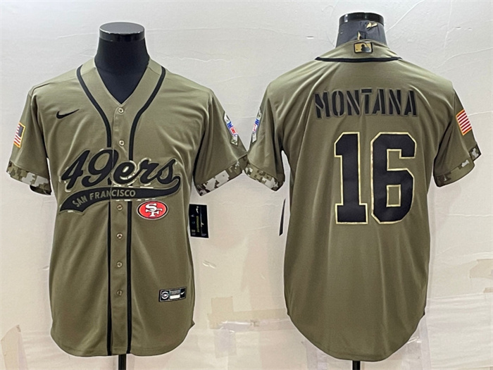 Men's San Francisco 49ers #16 Joe Montana 2022 Olive Salute To Service Cool Base Stitched Baseball Jersey Men's San Francisco 49ers #16 Joe Montana 2022 Olive Salute To Service Cool Base Stitched Baseball Jersey