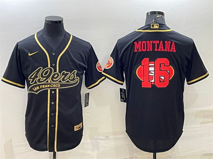 Men's San Francisco 49ers #16 Joe Montana Black Gold Team Big Logo With Patch Cool Base Stitched Baseball Jersey Men's San Francisco 49ers #16 Joe Montana Black Gold Team Big Logo With Patch Cool Base Stitched Baseball Jersey