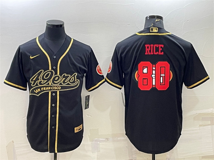 Men's San Francisco 49ers #80 Jerry Rice Black Gold Team Big Logo With Patch Cool Base Stitched Baseball Jersey Men's San Francisco 49ers #80 Jerry Rice Black Gold Team Big Logo With Patch Cool Base Stitched Baseball Jersey