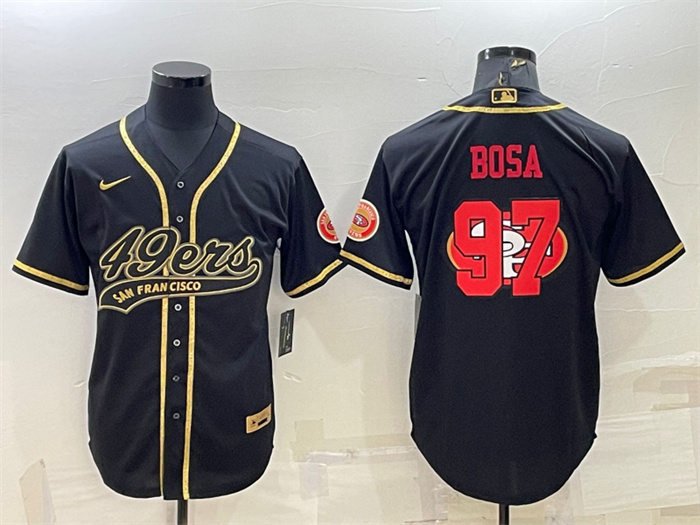 Men's San Francisco 49ers #97 Nick Bosa Black Gold Team Big Logo With Patch Cool Base Stitched Baseball Jersey Men's San Francisco 49ers #97 Nick Bosa Black Gold Team Big Logo With Patch Cool Base Stitched Baseball Jersey