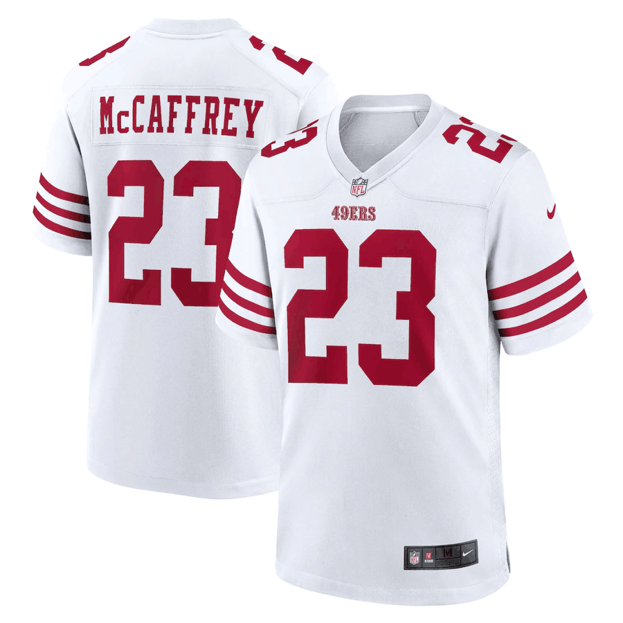 Men's San Francisco 49ers #23 Christian McCaffrey White Stitched Football Jersey Men's San Francisco 49ers #23 Christian McCaffrey White Stitched Football Jersey