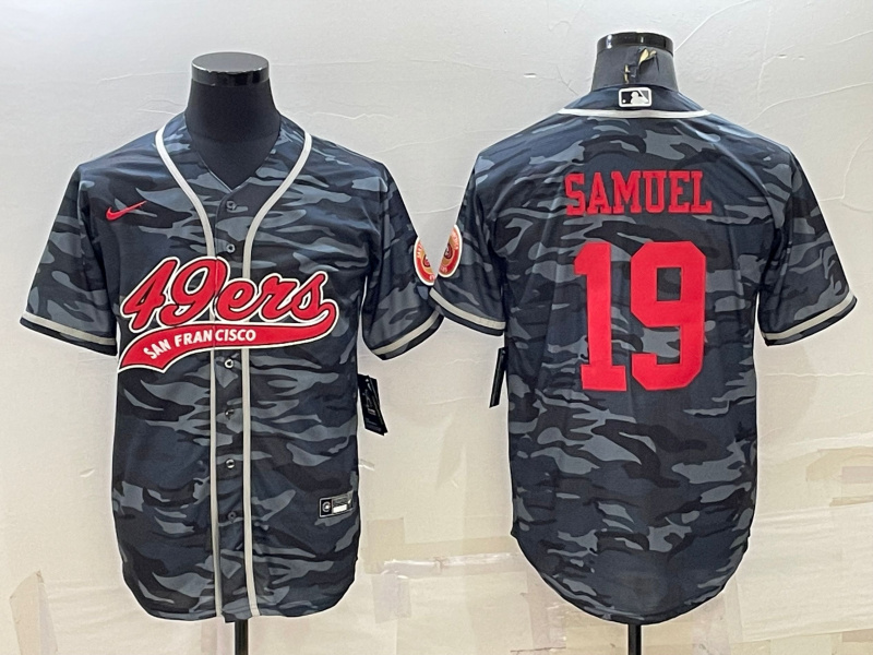 Men's San Francisco 49ers #19 Deebo Samuel Grey Red Camo With Patch Cool Base Stitched Baseball Jersey Men's San Francisco 49ers #19 Deebo Samuel Grey Red Camo With Patch Cool Base Stitched Baseball Jersey