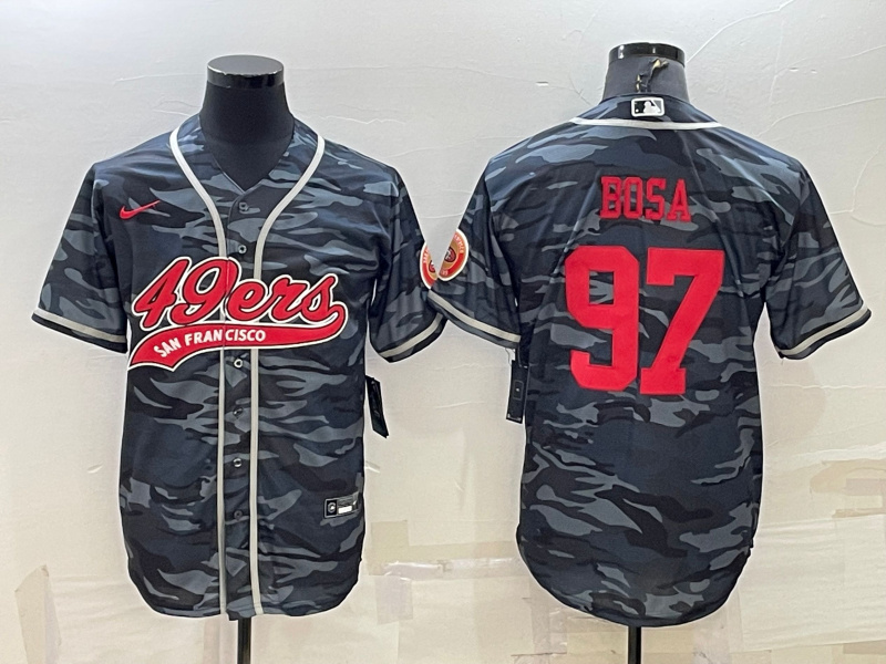 Men's San Francisco 49ers #97 Nick Bosa Grey Red Camo With Patch Cool Base Stitched Baseball Jersey Men's San Francisco 49ers #97 Nick Bosa Grey Red Camo With Patch Cool Base Stitched Baseball Jersey