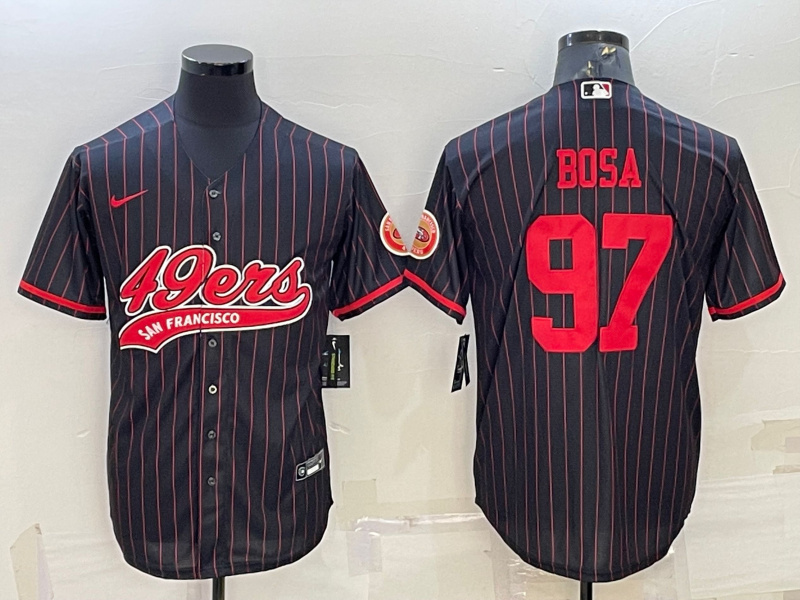 Men's San Francisco 49ers #97 Nick Bosa Black Cool Base Stitched Baseball Jersey Men's San Francisco 49ers #97 Nick Bosa Black Cool Base Stitched Baseball Jersey