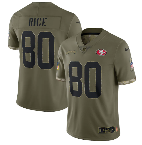 Men's San Francisco 49ers #80 Jerry Rice Olive 2022 Salute To Service Limited Stitched Jersey Men's San Francisco 49ers #80 Jerry Rice Olive 2022 Salute To Service Limited Stitched Jersey
