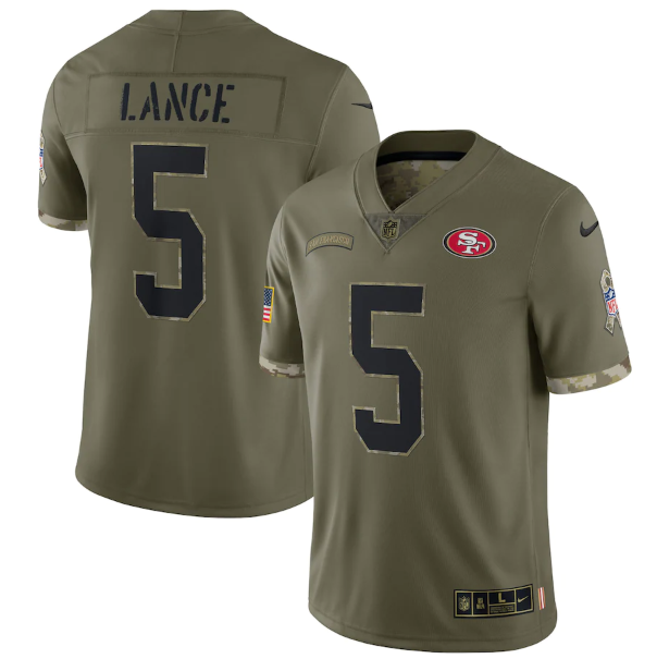 Men's San Francisco 49ers #5 Trey Lance Olive 2022 Salute To Service Limited Stitched Jersey Men's San Francisco 49ers #5 Trey Lance Olive 2022 Salute To Service Limited Stitched Jersey