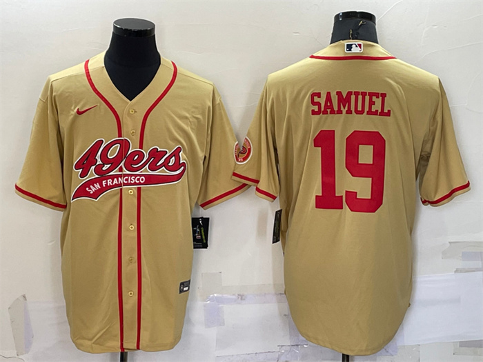 Men's San Francisco 49ers #19 Deebo Samuel Gold With Patch Cool Base Stitched Baseball Jersey Men's San Francisco 49ers #19 Deebo Samuel Gold With Patch Cool Base Stitched Baseball Jersey
